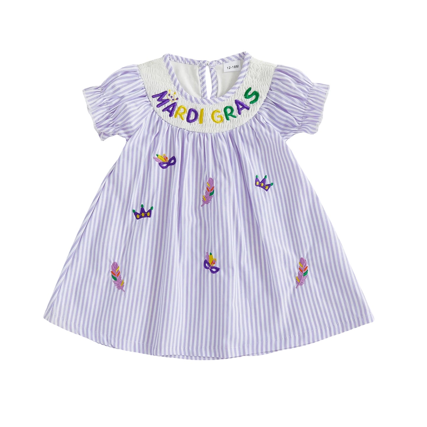 Toddler Baby Girl Mardi Gras Dress Loose Fit Letter Embroidered Striped Short Sleeve Dress