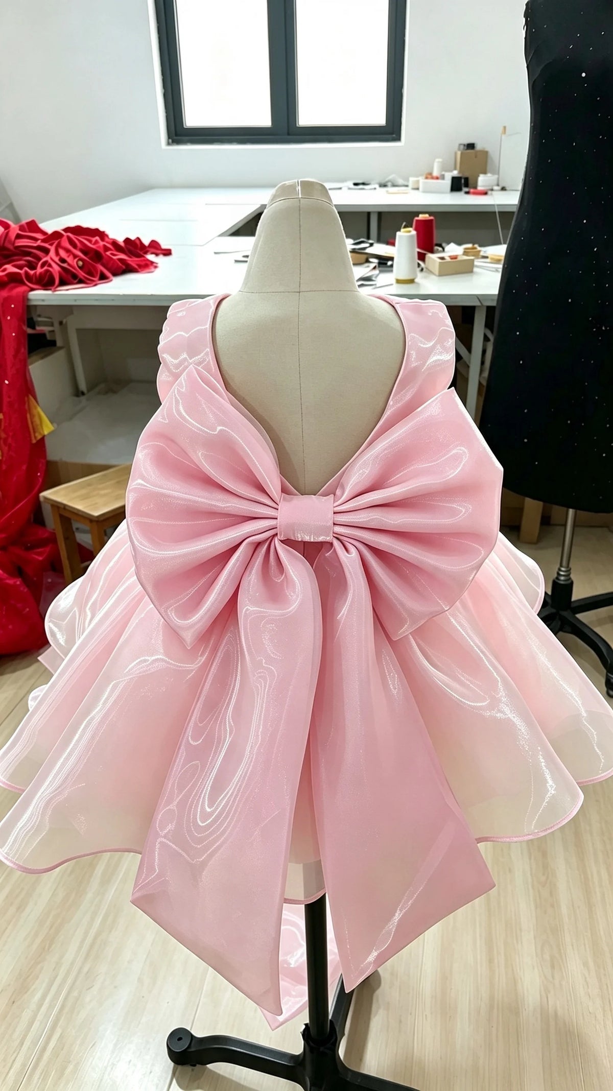 Baby Girl Satin Flower Girl Dress Low Back Thin Straps Bow Luxury Princess Gown Toddler 1st Birthday Baptism Wedding Party Dress
