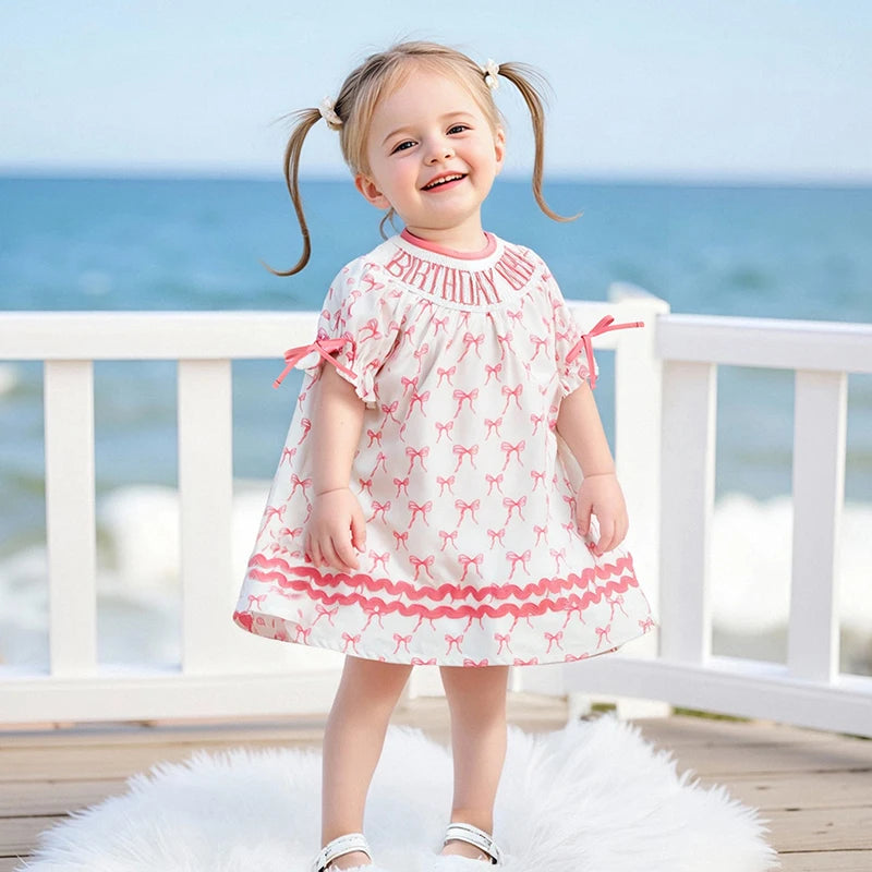 Toddler Girl Birthday Dress with Puff Sleeves and Embroidered Letters