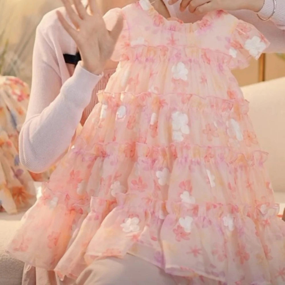 Summer New Pink 3-7 Year Old Girl Casual Clothes Round Neck Lace Floral Dress