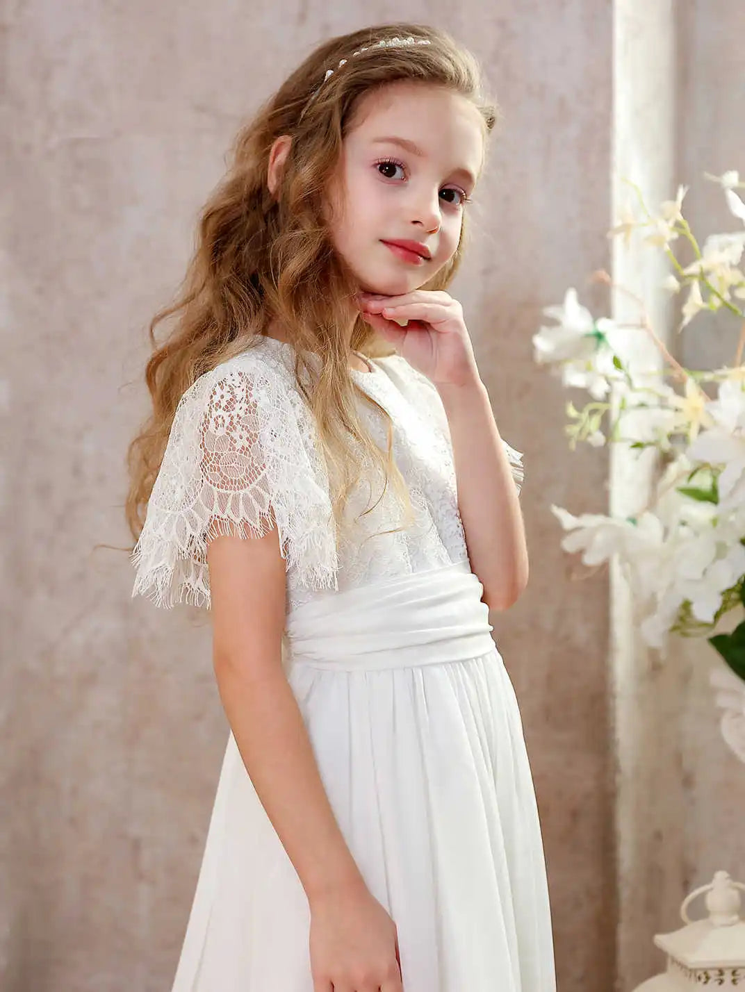 Girls Vintage Chiffon Lace Ruffle Sleeve A-Line Wedding Party Little Bridesmaid Dress
