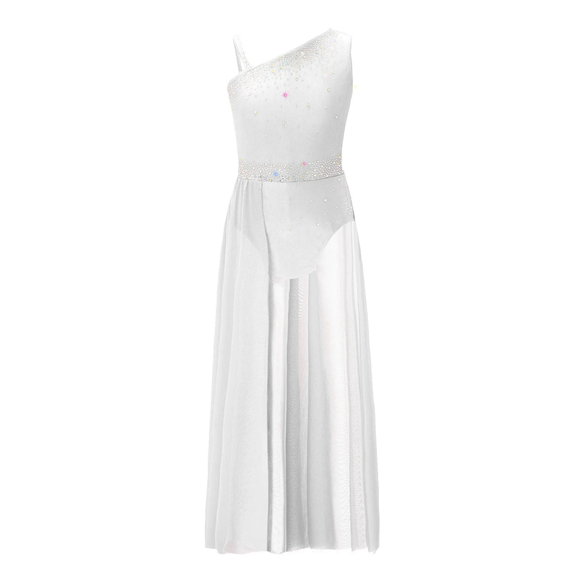 Girls Delicate 3D Flower Lyrical Dance Dress Asymmetrical Ruched Long Dress Gymnastics Modern Dance Clothes Performance Dress