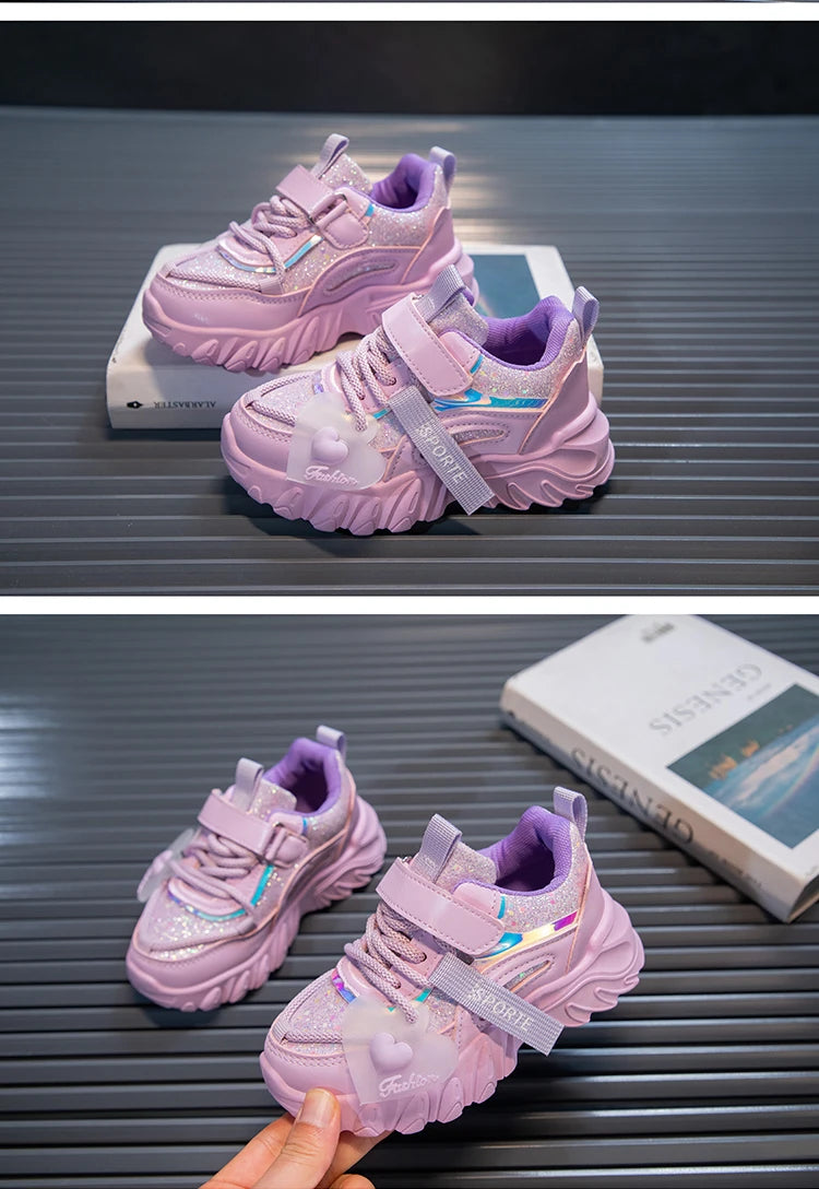 Girls Sports Shoes Kids Running Sneakers for School Fashion Cute Shiny Non-slip Children's