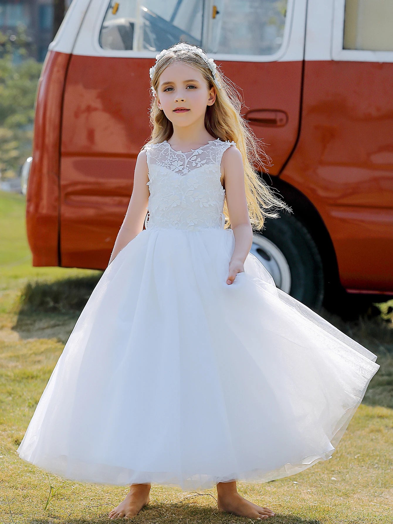 Soft Tulle Satin Floral Appliques Lace Elegant Wedding Party Princess Dress