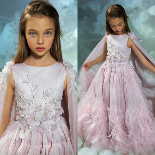 Blush Pink Flower Girl Dresses With Cape Customized Floral Ruffles Princess Baby Girl  Dress