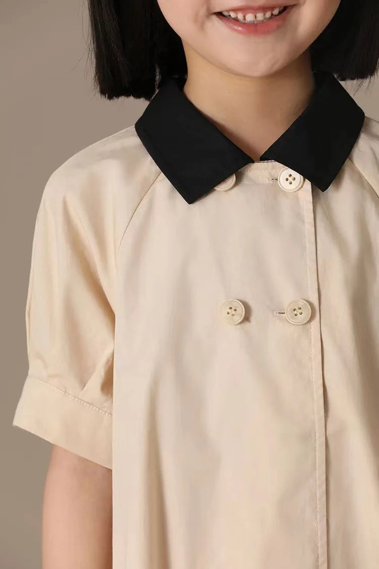 Girls Dress 2025 Spring Summer New Simple Temperament Cotton Contrasting Turn-down Collar Dress