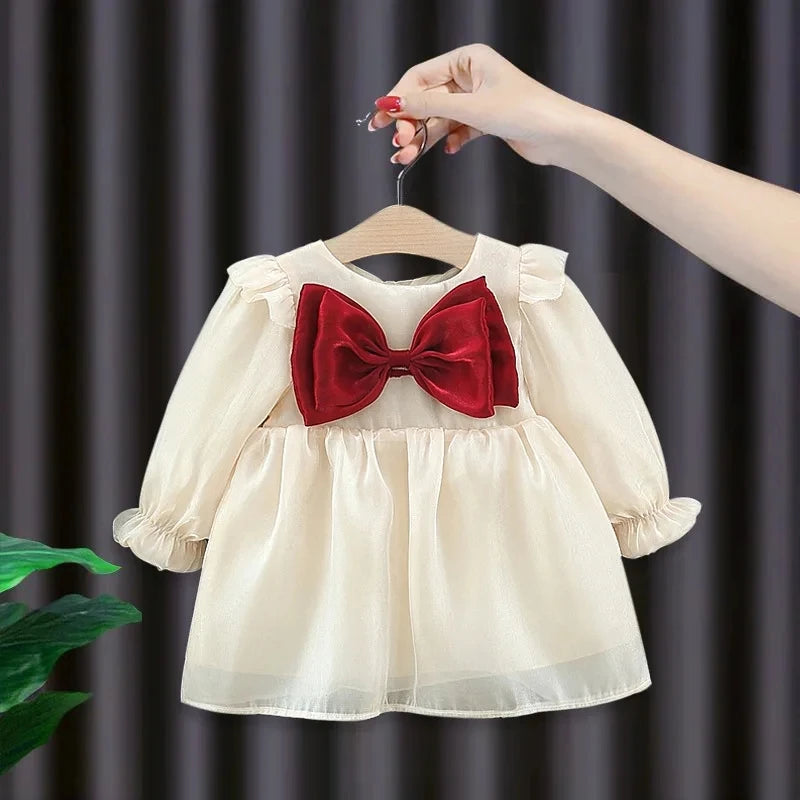 Baby Girl Cute Costume Fall 2024 Children Mesh Cotton Dress with Long Puff Sleeve Princess Dresses Spring Bow Dress for Girls