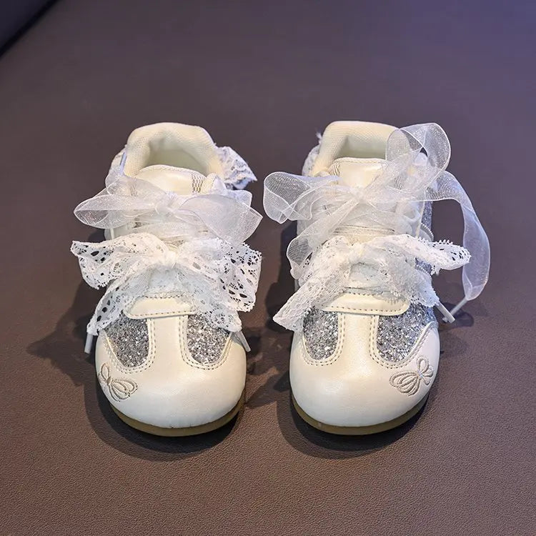 2026 Girls' Spring/Summer New Style Sneakers Pink Cute Flower, Fashion Versatile Casual Shoes, Lace Bow Cute, Non-Slip Soft Sole