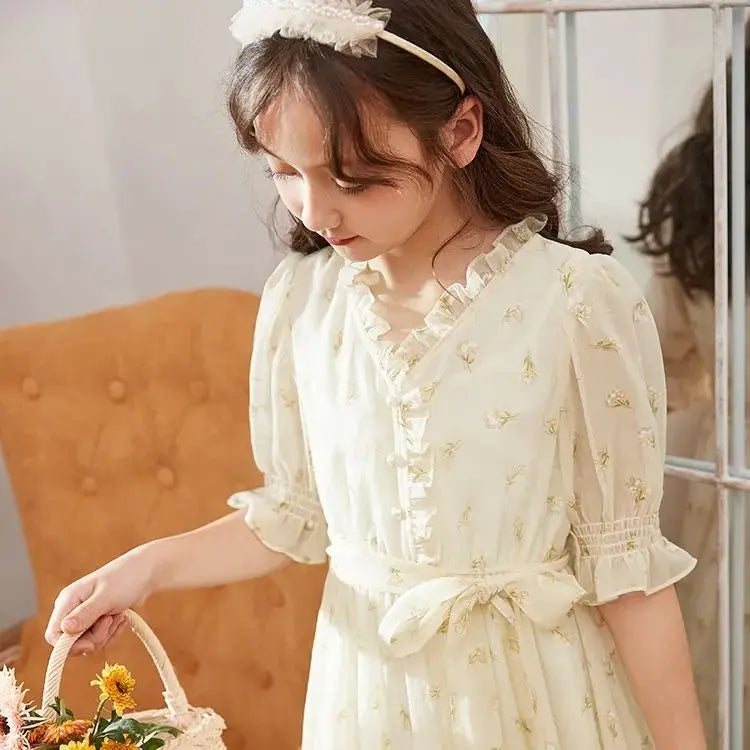 Girls Summer Chiffon Floral Dress Fashion Bow Lace Elegant Girl Kids Birthday Long Dress