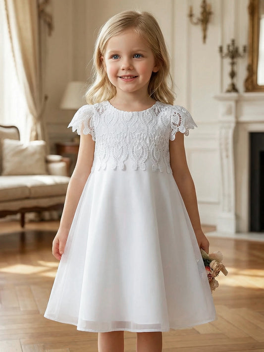 Young Girls Cute and Elegant Princess Dress Little Girl White Silk Crepe Evening Gown