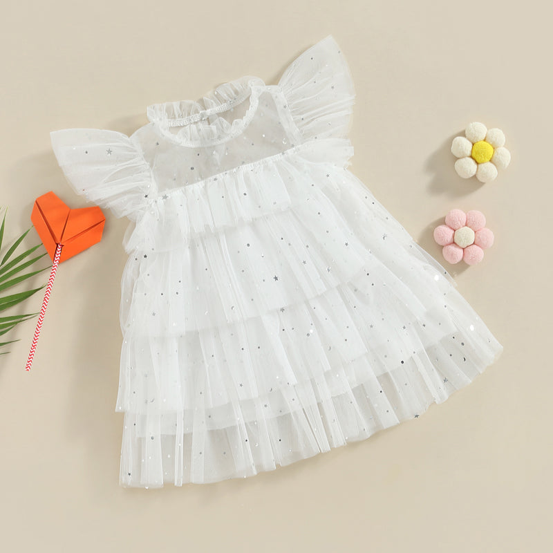 Zoe Toddler Girls Dress with Stars Moon Sequins and Ruffles