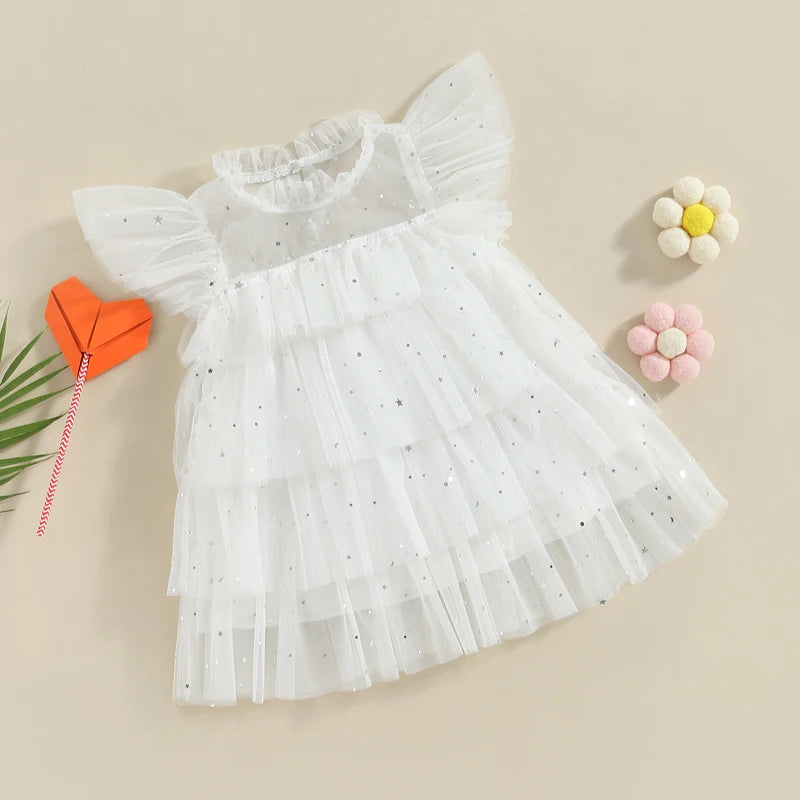 Zoe Toddler Girls Dress with Stars Moon Sequins and Ruffles