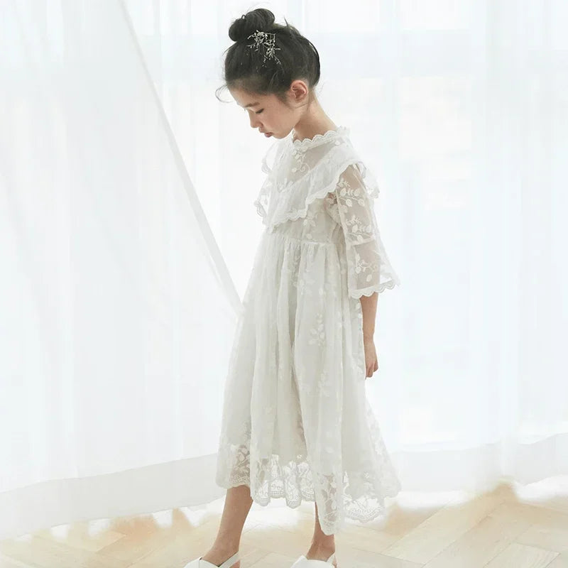 Korean Girls Dress Princess Party Wedding Lace Embroidery Long Dress