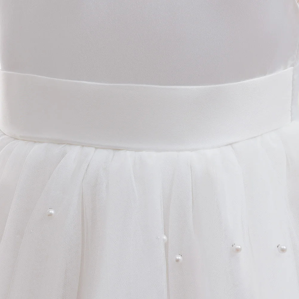 Kids Girls White Dresses Flower Child Wedding Dress Elegant Tulle Gown Baptismal Ceremony Costume Children Birthday Gift Dress