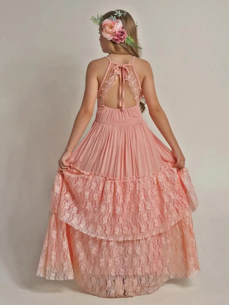 New Girl Lace Chiffon Backless Long Dress Wedding Flower Girl