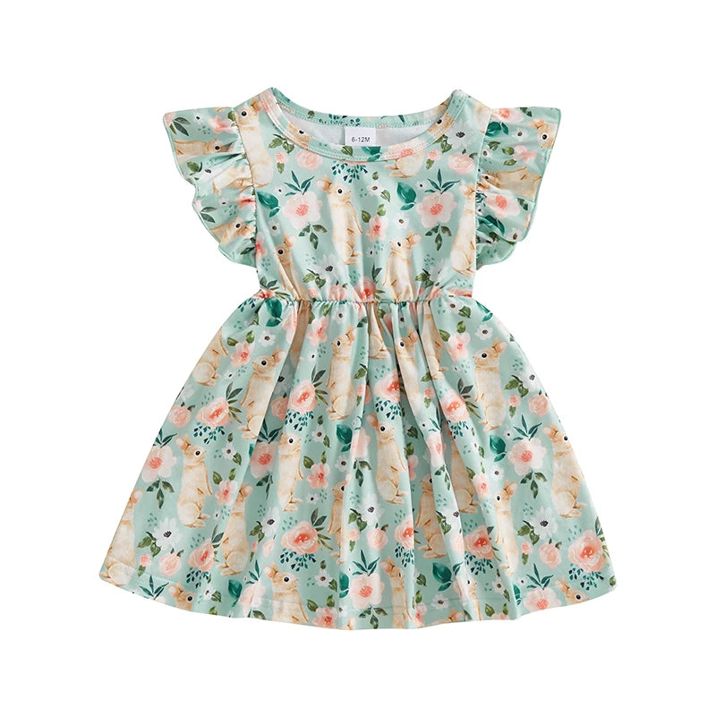 Tess Toddler Girl Easter Dress with Floral Bunny Print