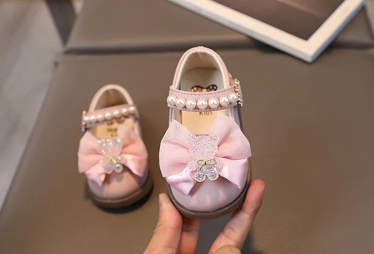 Baby Girl Leather Shoes Kids Bow Pearl Princess Shoes Shallow Soft Sole Cute First Walkers Infant Toddler Cartoon Single Shoes