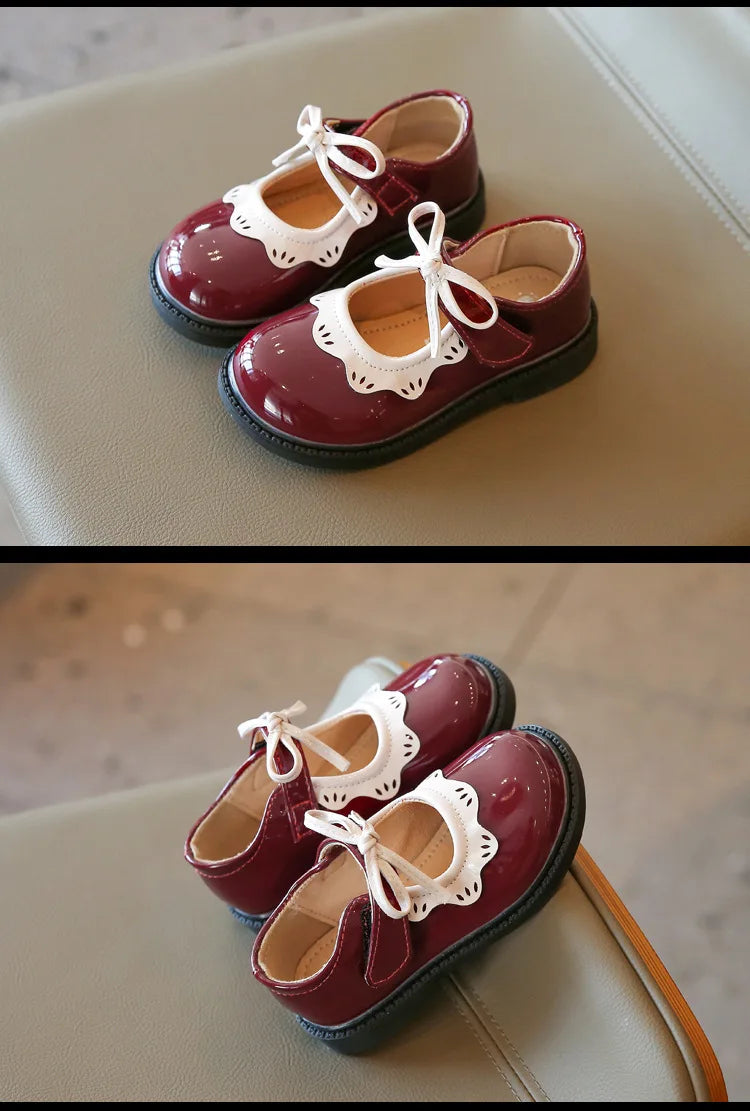 Girl's Princess Shoes Wine Red Black Ruffles Elegant Patent Leather Bowknot Children Flat Shoes 21-35 Toddler Kids Single Shoe