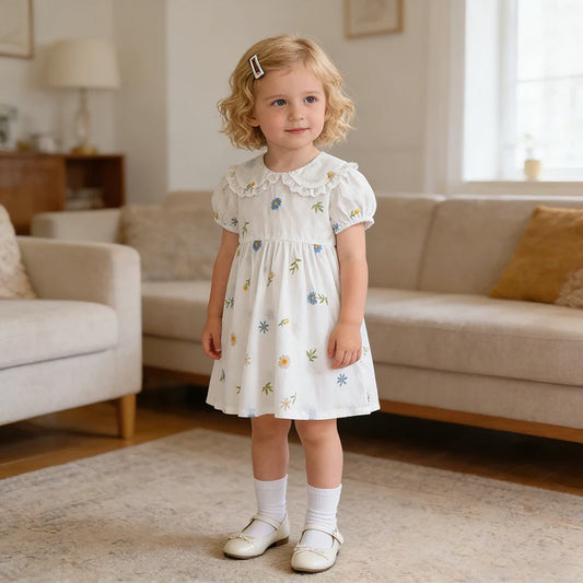 2026 Girls Dress Korean Edition Summer New 2-6Yrs Cotton Embroidered Flower Girls' Dress
