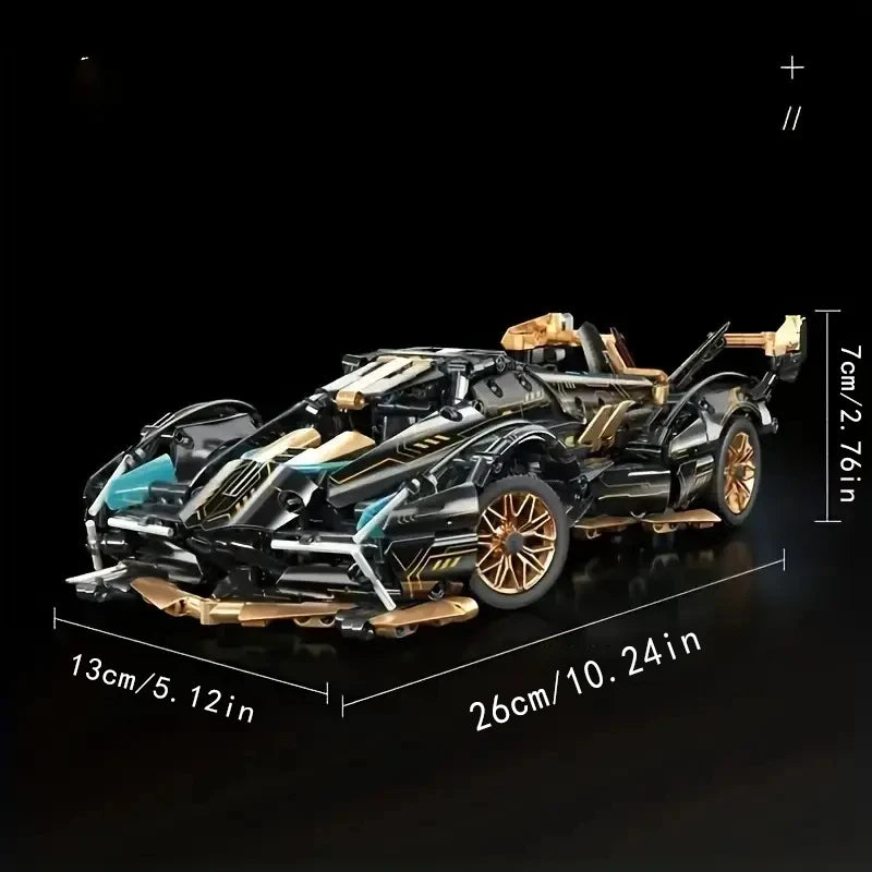 1690 Super Building Block Racing Car, V12 Building Block Car, Black and Gold Accessories, Fine Desktop Wooden Model Car, Birthday Gift