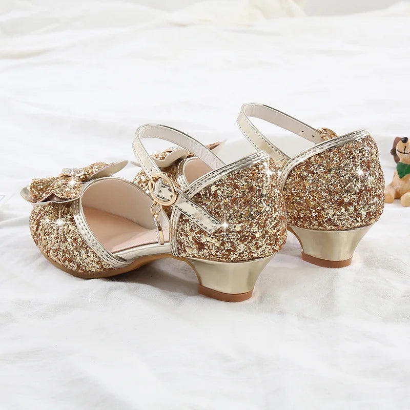 Girls' High Heels Fashion New Sequin Bow Shoes Children's Dance Single Shoes