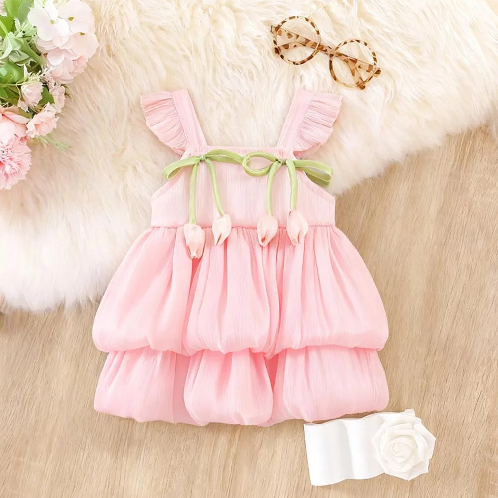 Baby Girl Dress Summer Solid Color Flower Small Fly Sleeve Girl Dress