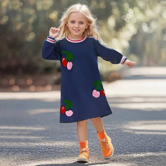 Little maven Spring Autumn Cute Cherry Towel Embroidery Baby Girls Dresses