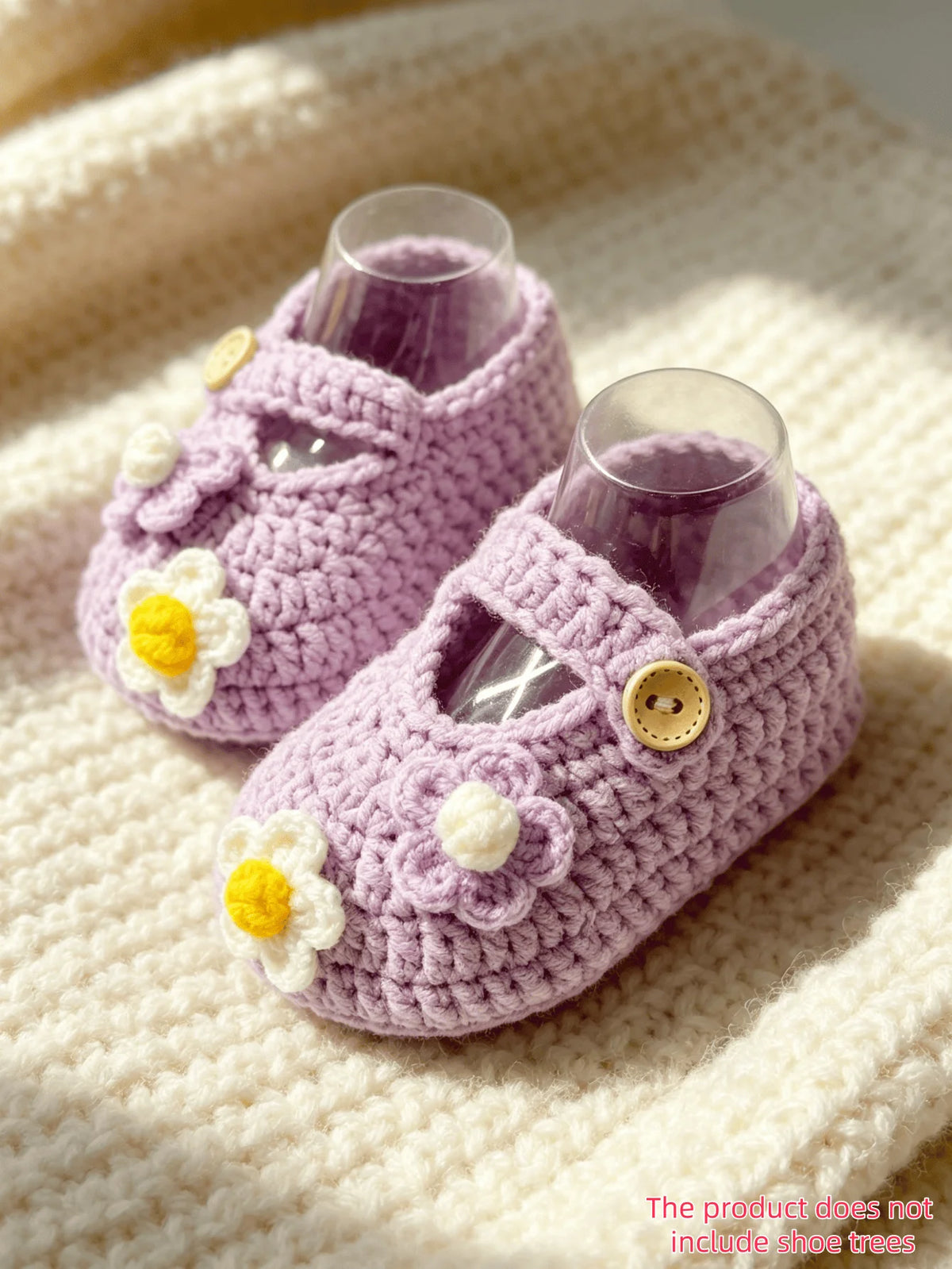 1 Pair Crochet Baby Girl Booties, Pink, Handmade Knit Shoes with Daisy Flower Detail and Button Strap