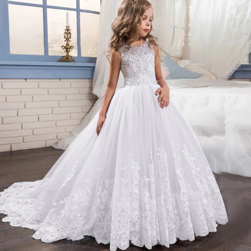 Kids Party Dress For Girls Wedding Bridesmaid Gown Lace Flower