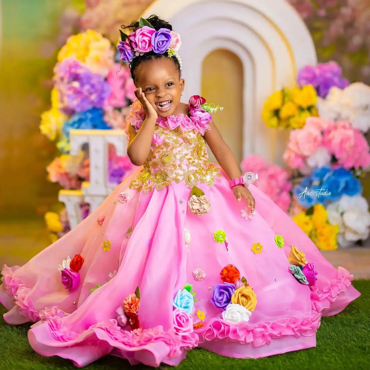 Hand Made Flower Girls Birthday Party Dresses Customized Girl's Floral Dress