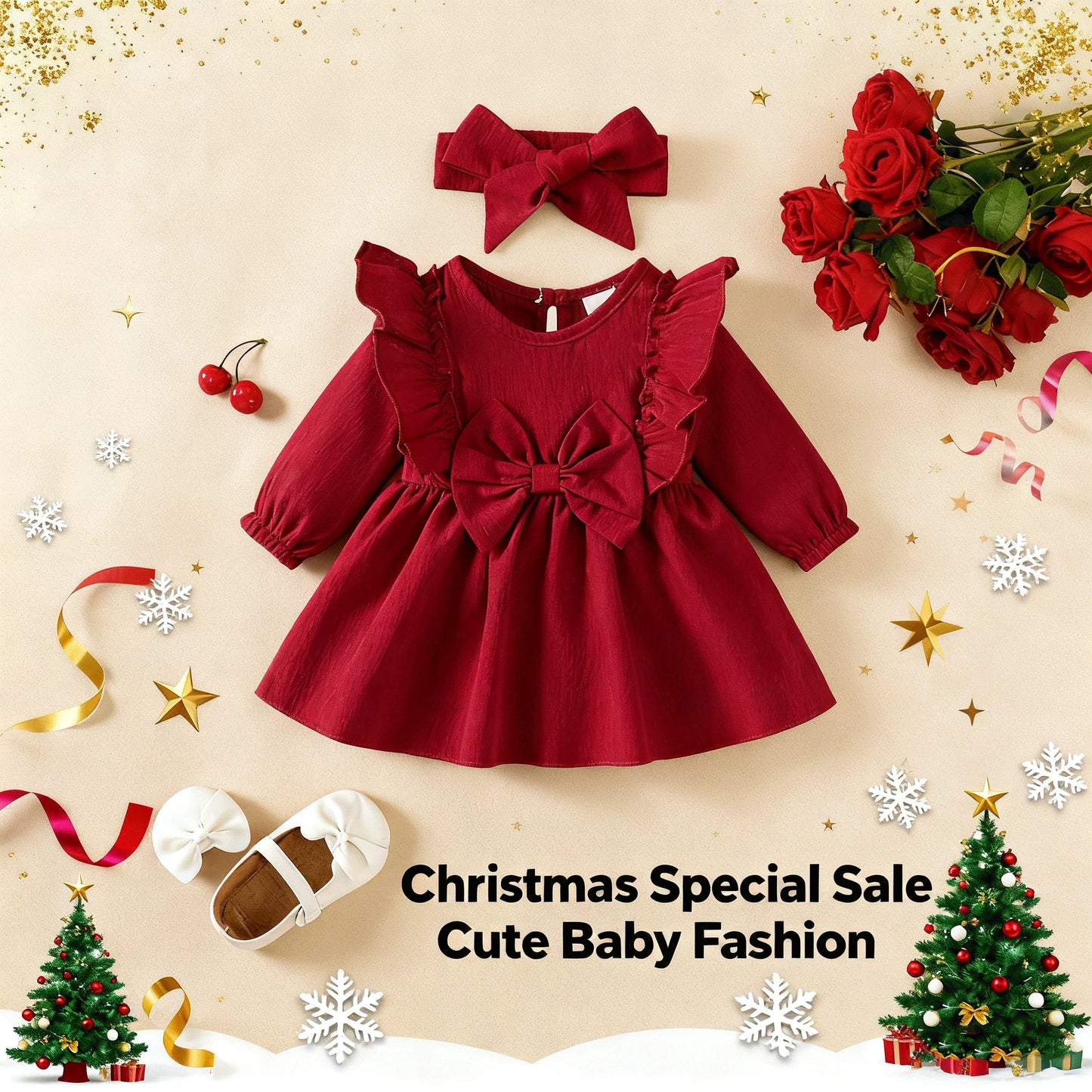 Della Christmas Dresses for Baby Girls - Long Sleeved with Bow