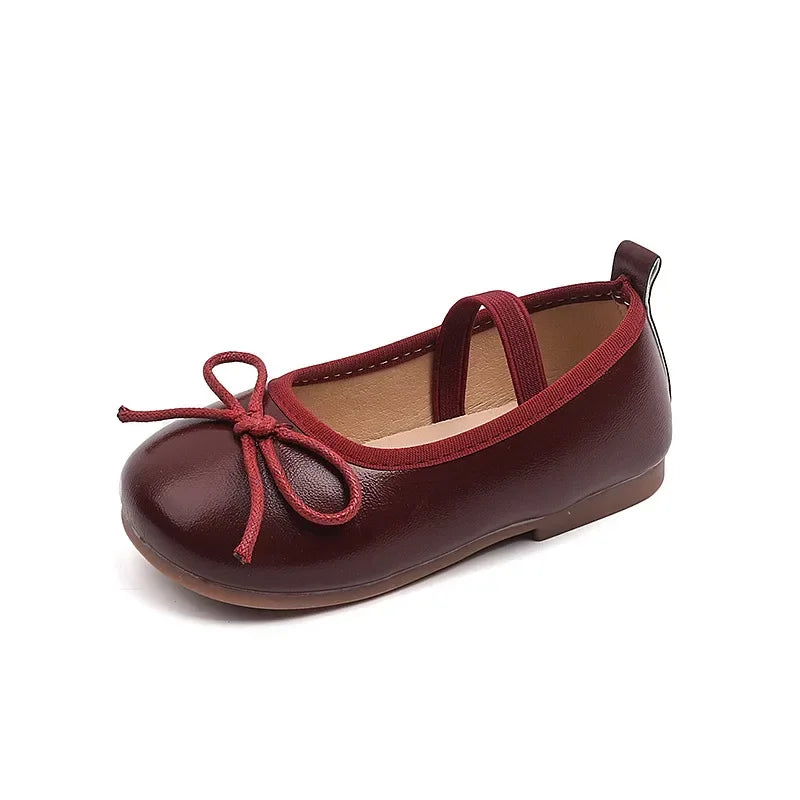 Girls Dance Shoes Round Toes Simple Bow Kids Leather Shoes Slip-on Soild Color Versatile 2025 Brand New Children Flats MaryJanes