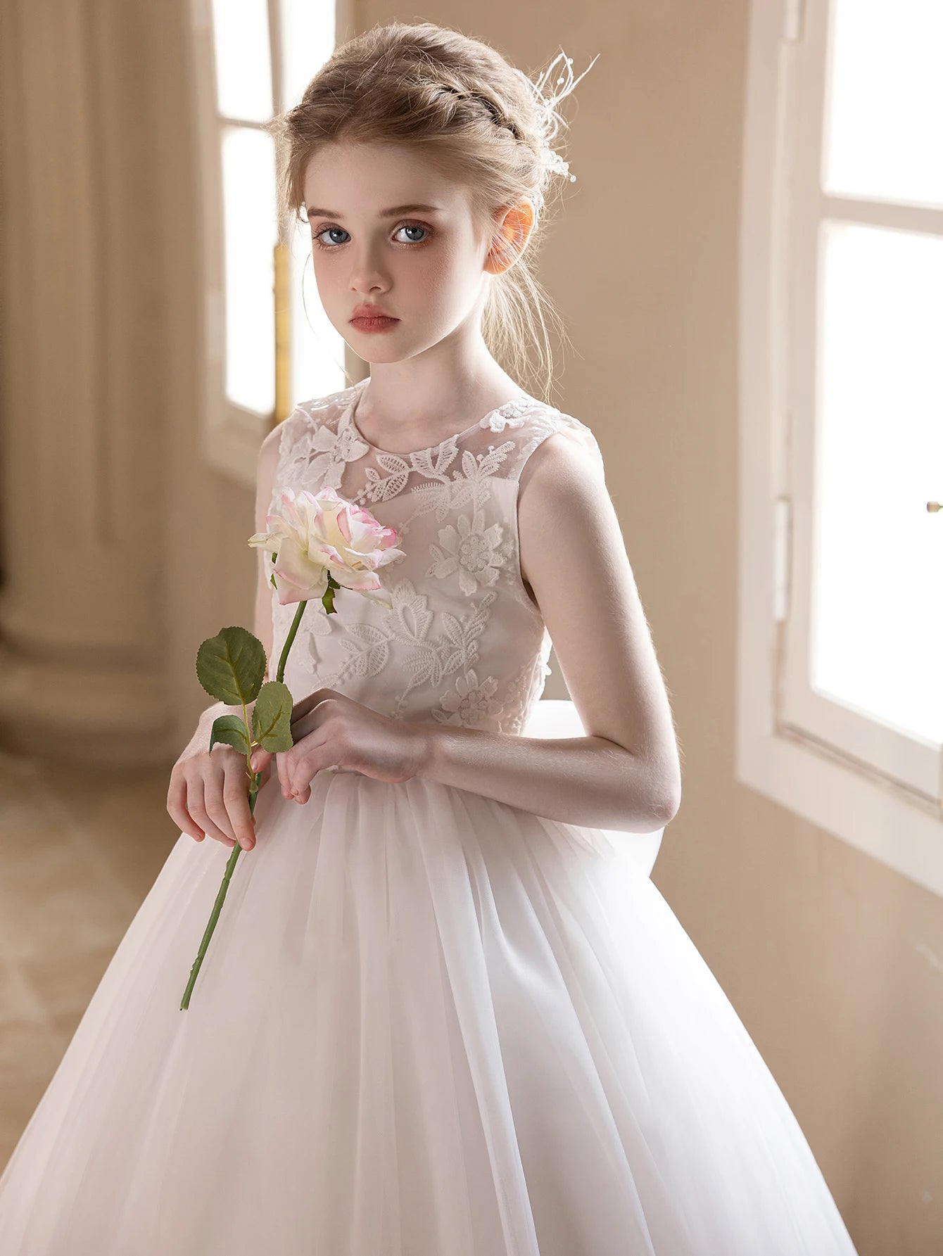 Teen Girls White Wedding Gauze Dress Lace Embroidery Big Bow  Dress
