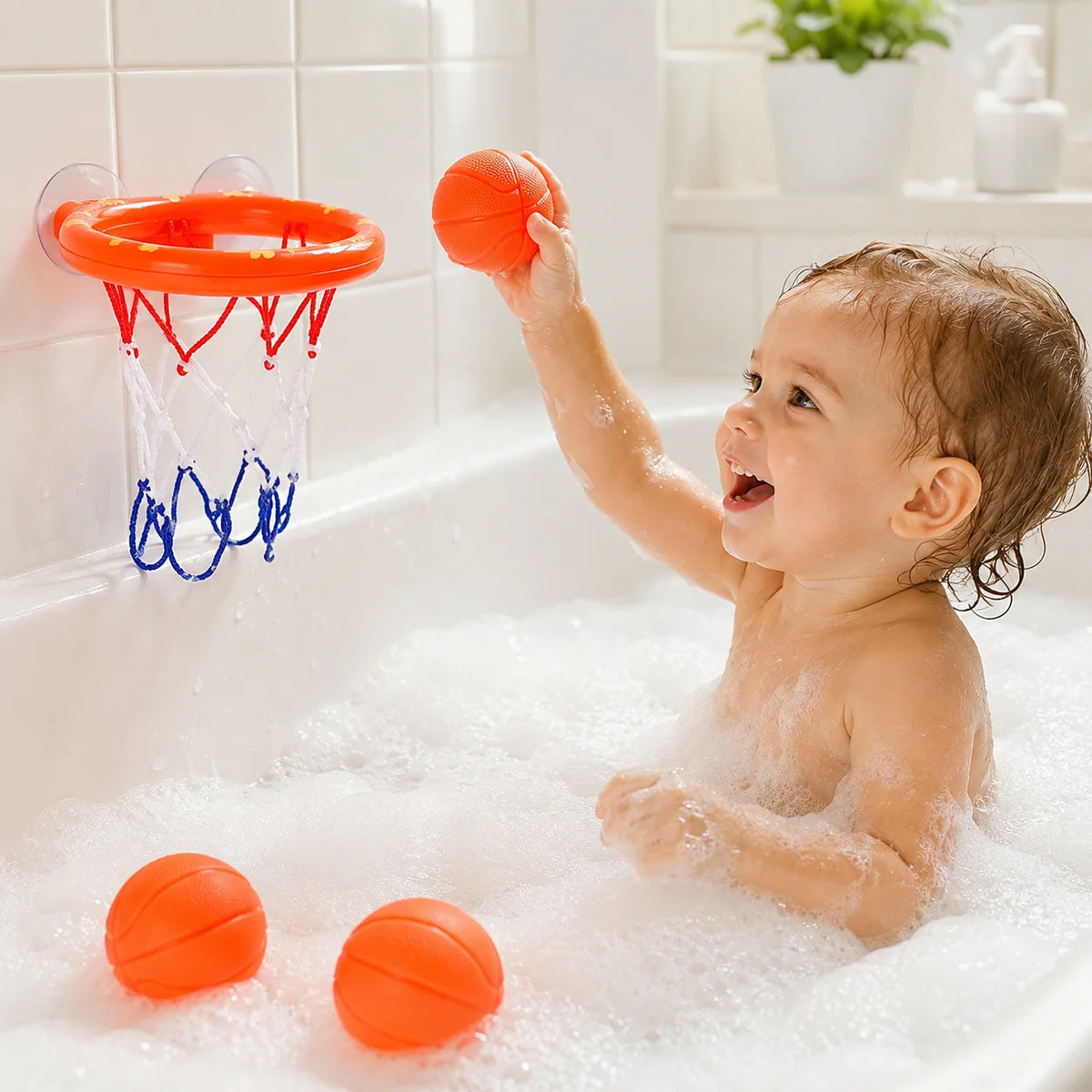 Toddler Bath Basketball Hoop Toy with 3 Soft Balls Strong Suction Cups Bathtub Shooting Game