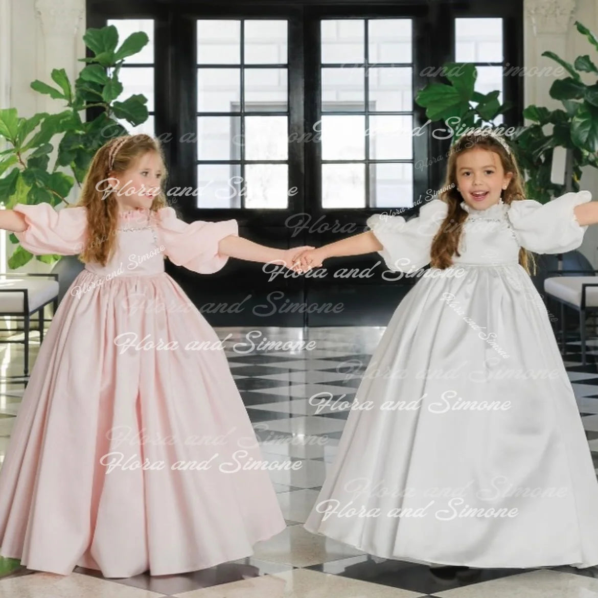 Girl Gown Puff Sleeves Turtleneck Elegant Flower Girl Dress for Wedding Ceremonies Formal Receptions Holiday Parties Customized