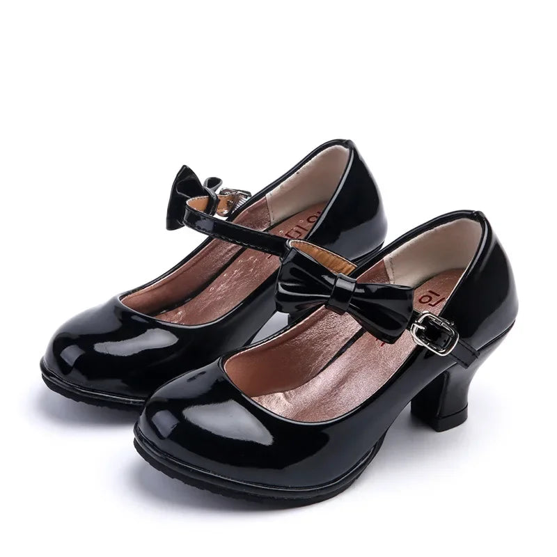 Spring Formal All Black Shoes Children High Heel Girls Shoes