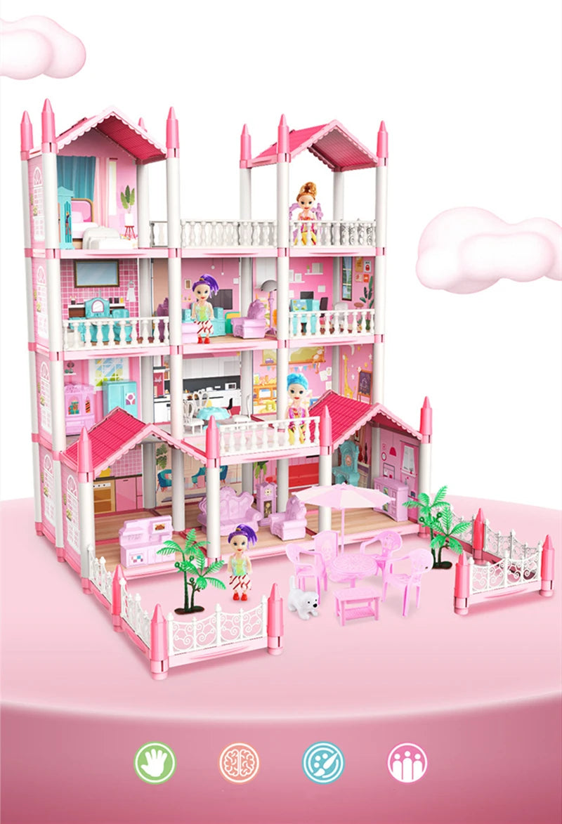 Girls Toddler Doll House - Large Doll House with 4 Dolls, Furniture, Accessories, LED Lights, 4 Stories Princess Dream House Toy