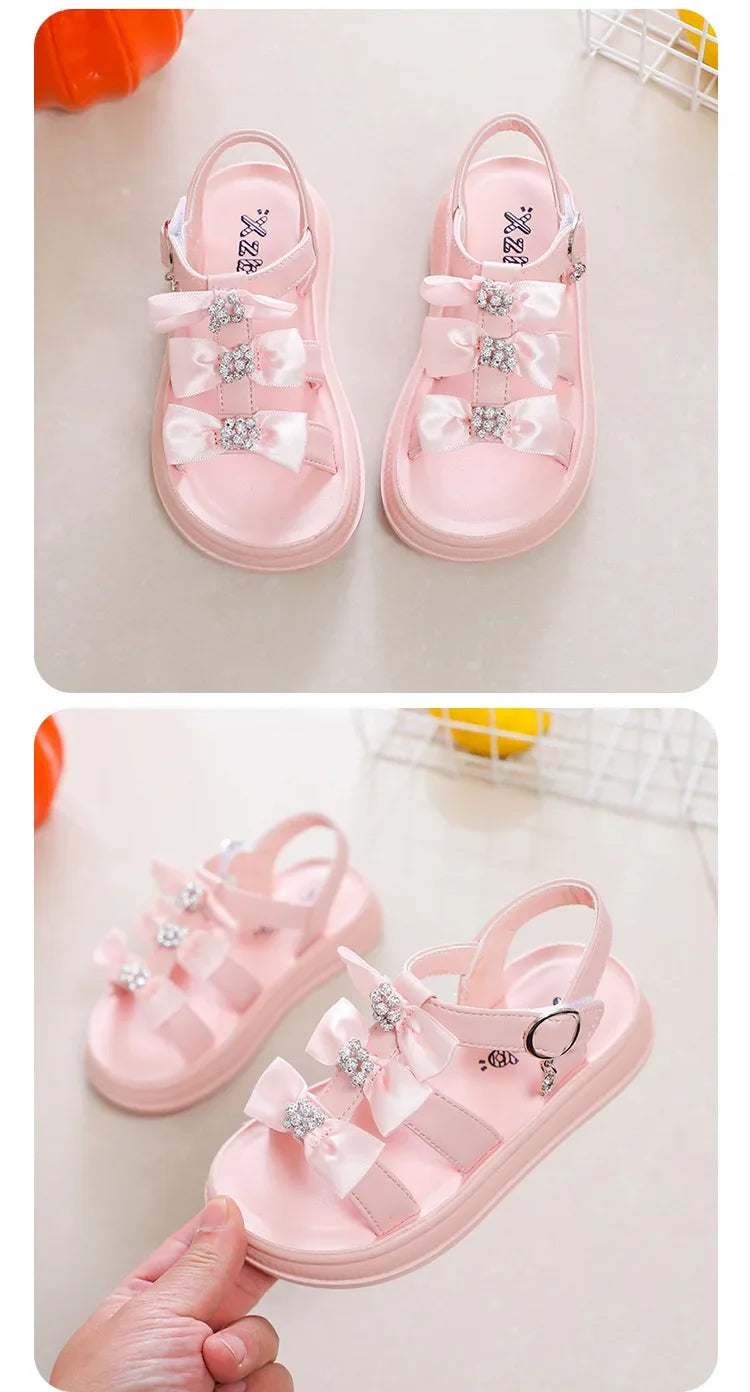 Girls Beach Shoes with Sweet Bows Soft Sole Kids Sandals Versatile 2025 Summer New Children Princess Shoes