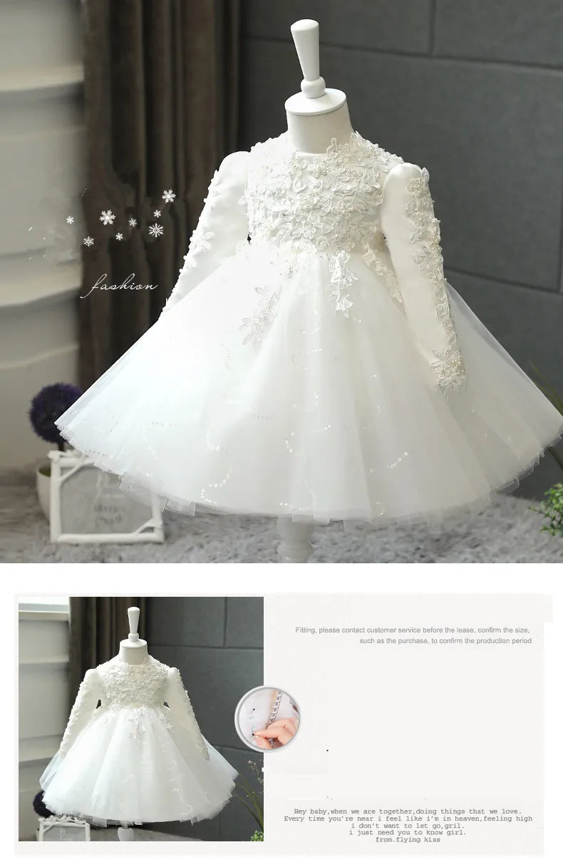 Baby Girl Wedding Dress Long Sleeve Newborn Girls Christmas Princess Gowns Beads Lace Infant Kids 1 Year Birthday Baptism Dress