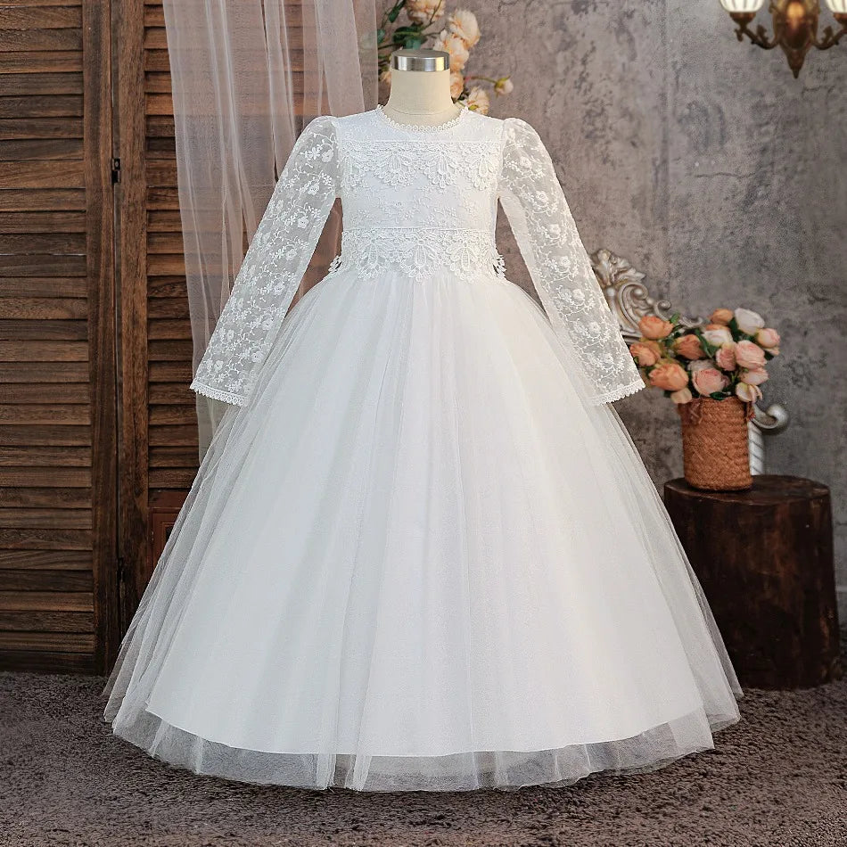 Girls' Teenage Long Sleeve Lace Dress Wedding White Bridesmaid Evening