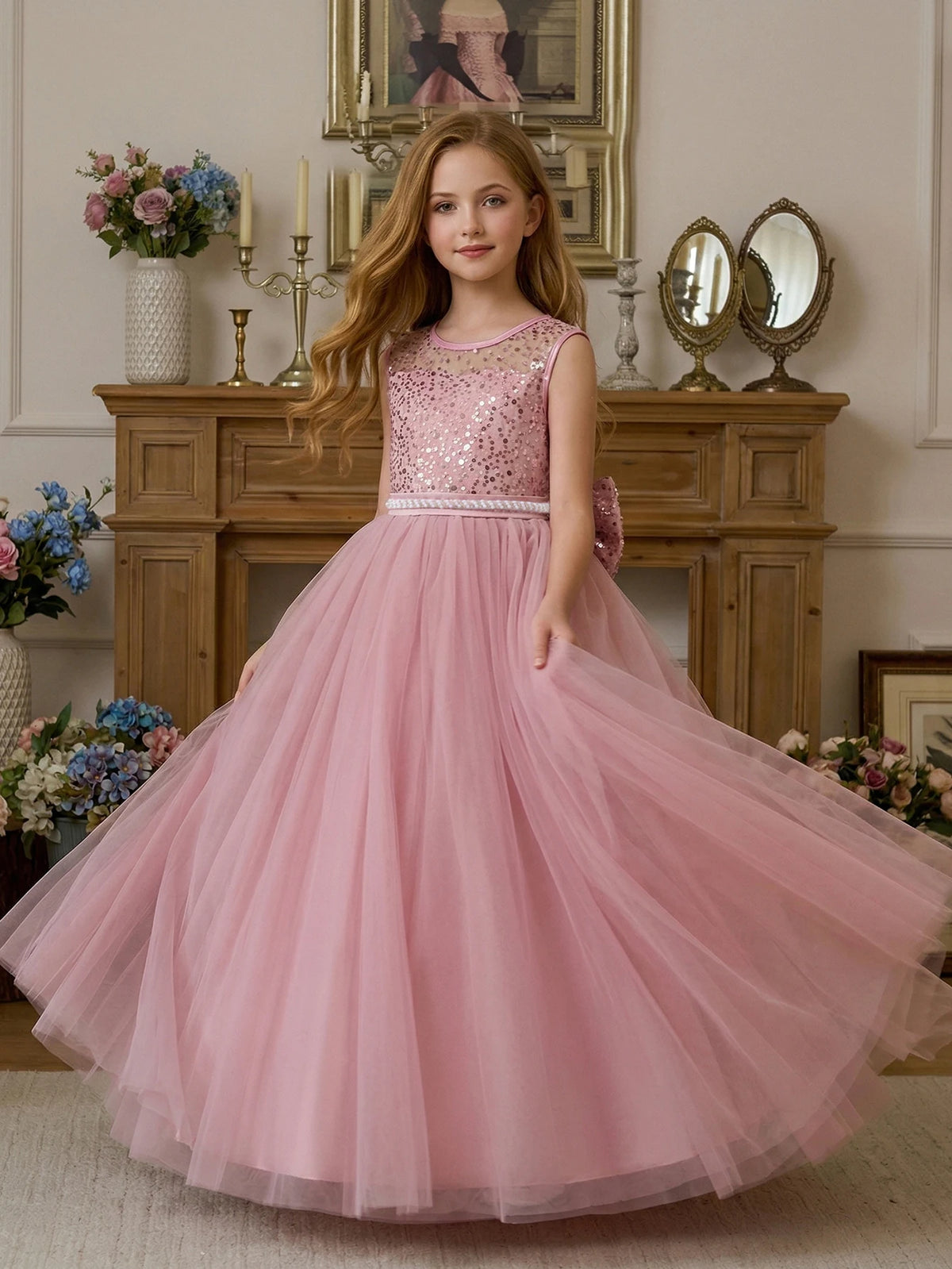 Girl Party Dress Pink Long-style Evening Dress with Large Bow V-neck A Magnificent Evening Dress, Birthday Party, Ball, Banquet