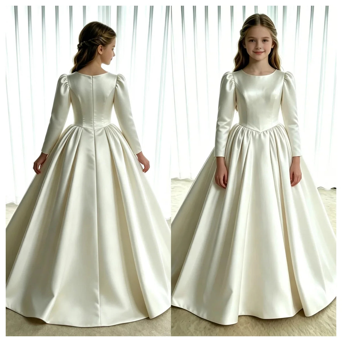 Girls First Communion Dress New Long Sleeves Satin Elegant Tail Evening Gown Girls Wedding Party Princess Dress for Juniors