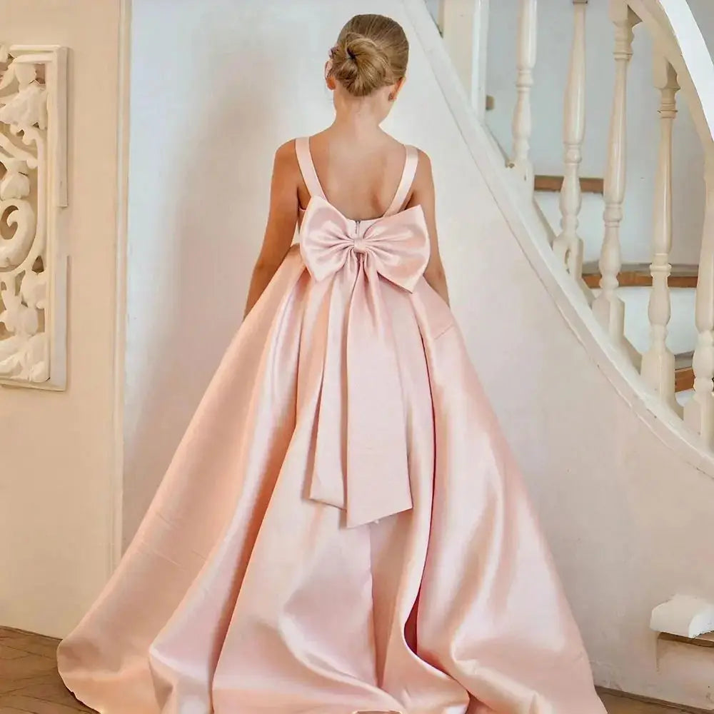 Girl Long Dress Girl Princess Wedding Dresses Big Bow Lace Puffy Teenage Wedding Princess Dress