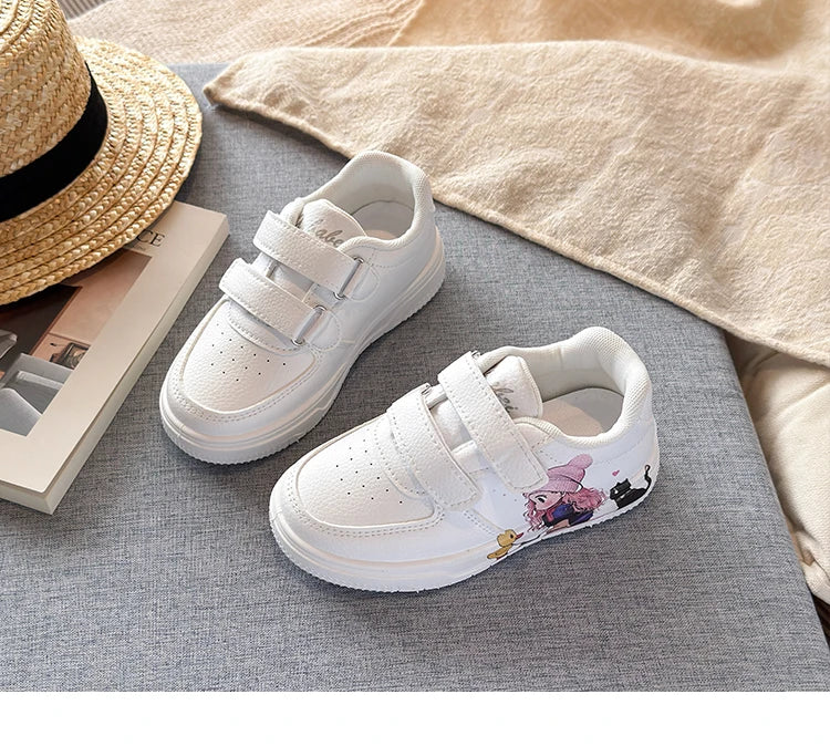 Girls White Shoes with Cartoon Girl Cat Prints Kids Casual Sneakers Fashion 2026 Spring Autumn Fashion Non-slip Classic 21-38