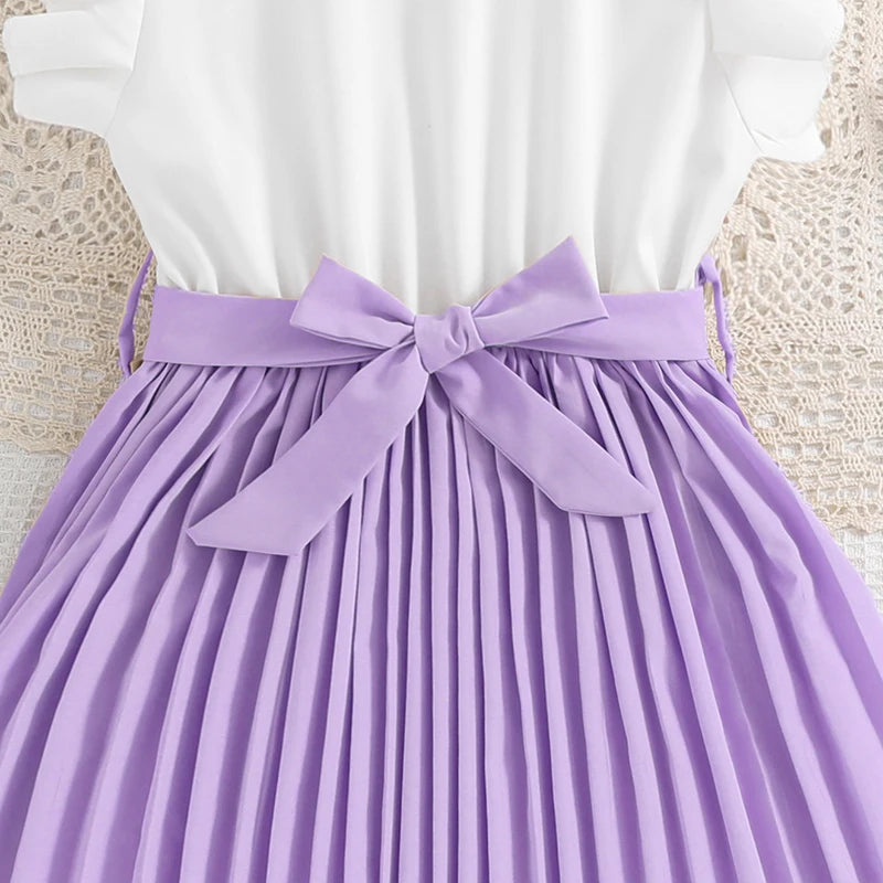 Emma Kids Dress for Girls with Pleated Skirt and Bow Tie