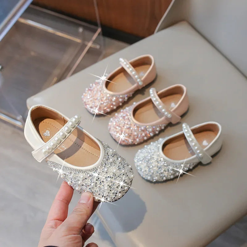 Kids Leather Shoes Spring Autumn Fashion Sequins Pearl Girls Princess Shoes