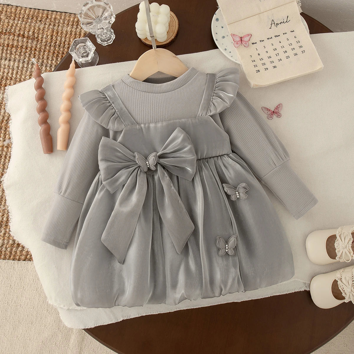 Lia Baby Girl Dress Spring/Fall Bow-Tie Tulle Long-Sleeve Dress
