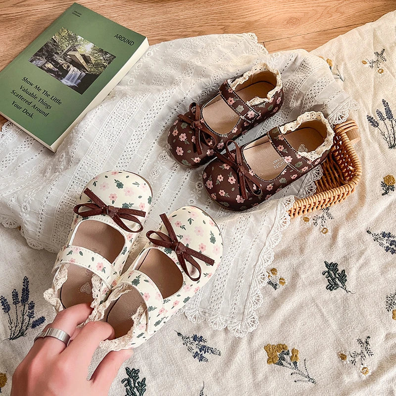 Spring Girl's Princess Shoes Floral Adorable Versatile Kids Flat Shoe Round Toe Soft Comfy Trendy Children Mary Janes 21-32