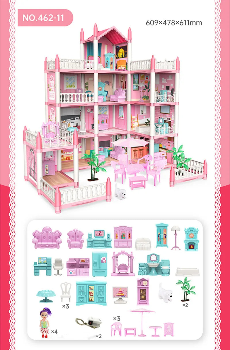 Girls Toddler Doll House - Large Doll House with 4 Dolls, Furniture, Accessories, LED Lights, 4 Stories Princess Dream House Toy