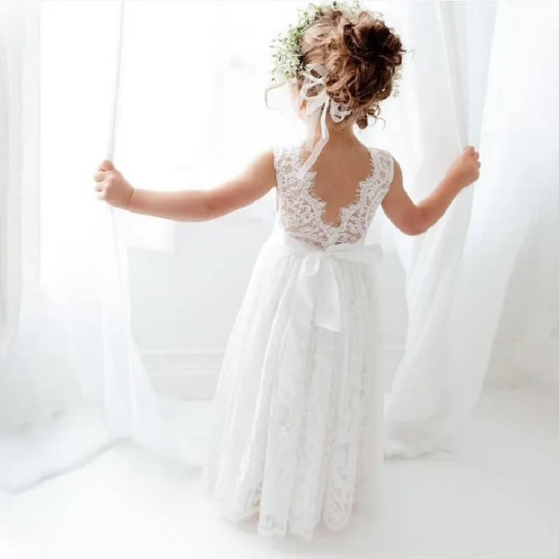 New Girl Princess Dress White Lace Long Dress Wedding Flower Open Back Dress